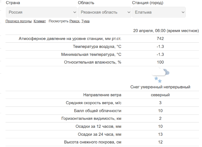 Снежный покров в 12 см зафиксирован в Елатьме